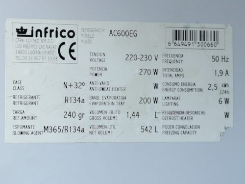 Cámara frigorífica INFRICO 542 litros de segunda mano en cabauoportunitats.com