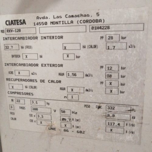 Equipo de refrigeración aire-agua CIATESA RXV 120 de segunda mano en cabauoportunitats.com