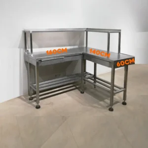 Mesa de acero inoxidable en L de 160x140cm con estanterías y cajones de segunda mano