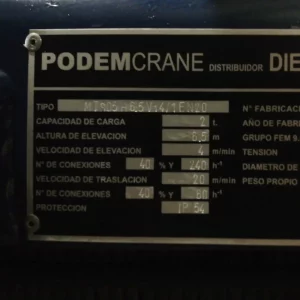 Polipast elèctric PODEM CRANE MT305H6.5V14-1EN20 màxima de càrrega 2t de segona mà en venda a cabauoportunitats.com