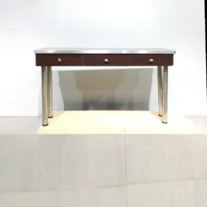 Consola de ocasión (156x40x90cm) con cuerpo de melamina, patas y base superior de acero inoxidable