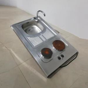 Fregadero de acero inoxidable con 2 fogones eléctricos y grifo (100x60x17cm) de segunda mano,