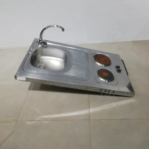 Fregadero de acero inoxidable con 2 fogones eléctricos y grifo (100x60x17cm) de segunda mano,