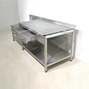 Taula d'acer inoxidable de 205x79x92cm amb 2 calaixos