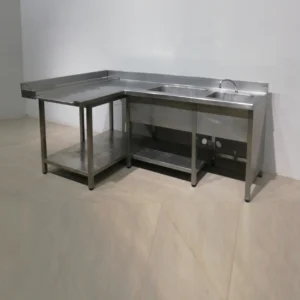 Mesa de acero inoxidable de 215x136x102cm con 2 fregaderos de gran qualitat i resistencia