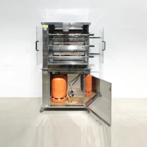Asador de pollos ASDOR (90x44x155cm) de 3 espadas con capacidad para 12 pollos