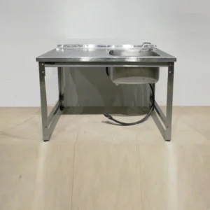 Fregadero de acero inoxidable 130x70x87cm de ocasión con patas, escurridera y grifo