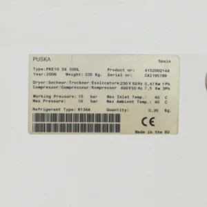 Compresor de tornillo PUSKA PKE10 DX 500L procedente de una empresa en cierre