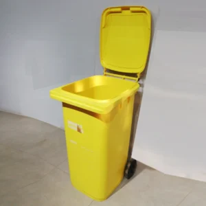 Cubell de plàstic groc amb rodes de gran qualitat i resistència de 240 litres (58x73x107cm)