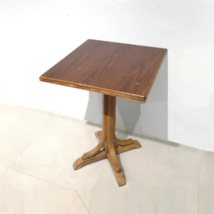 Taula de fusta amb peu central de 60x60x73cm procedent d'una empresa en tancament