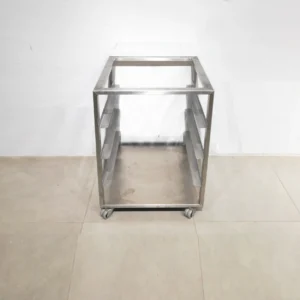Base per a forn fet d'acer inoxidable amb rodes i espai per a 3 safates 56x56x77cm